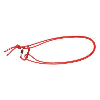 Das Bild zeigt eine rote Austrialpin DYNA.MIT Dyneema Reepschnur. Die rote Schlinge liegt in einer Schlaufe gebunden horizontal auf weißem Grund in Bildmitte. Die Ende der Schlingen sind mit einem roten Karabiner verbunden.