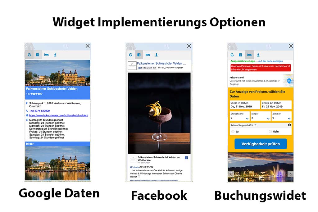Das Bild zeigt die Widget Implementierungs Optionen für die AlpinePano Tour. Es sind drei Handy Screens zu sehen. Von links nach Rechts: Google My Business, FAcebook und das Buchungswidget.