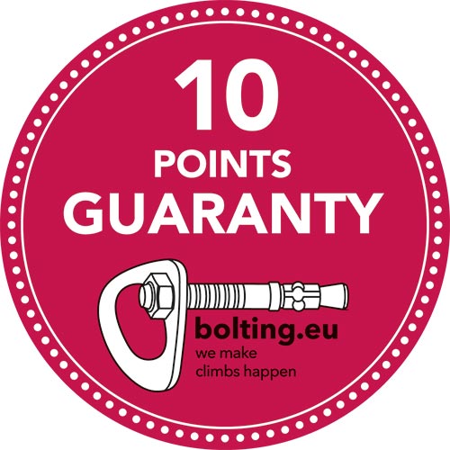 Das Bild zeigt die 10 Punkte Garantie Plakette von Bolting.eu. Ein pinker Kreis mit weißen Punktem am Rand sowie dem Schriftzug "10 Points Guaranty" und das Bolting.eu Logo.