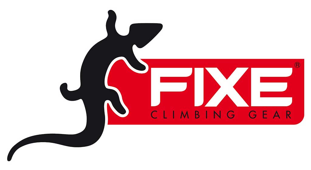 Das Bild zeigt das Logo von FIXE. Links eine schwarze Eidechse, rechts daneben einen roten Balken. Darin gross in Weiss den Namen Fixe. Darunter klein in Schwarz das Wort Climbing.