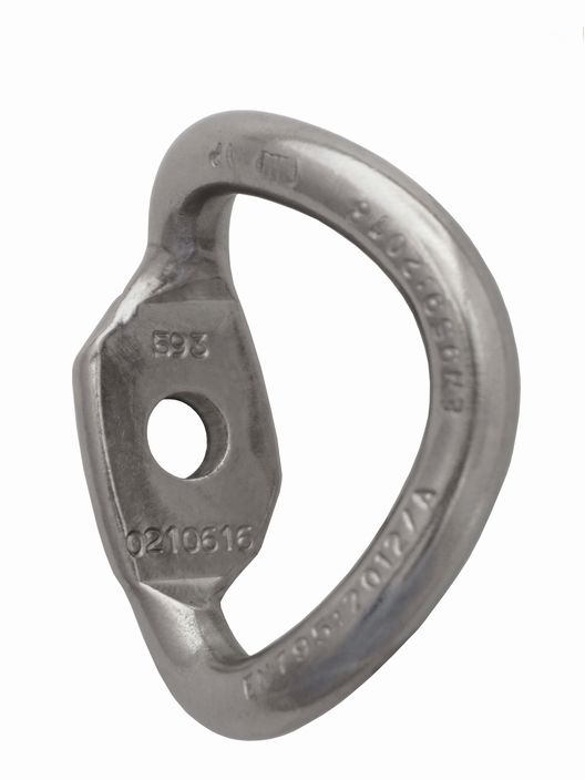 Das Bild zeigt die Raumer Climbing Bohrhakenlasche Anellox. Eine silberne Ringförmige Lasche aus rundem Stahl bzw. flachem Stahl wo in der Mite das Loch für den Bohrhaken ist.