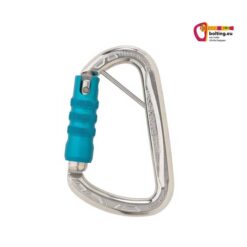 Silberner Umlenkkarabiner mit blauem Verschluss nach links und einem Splint.