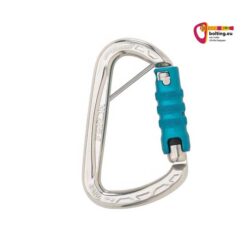 Silberner Umlenkkarabiner mit blauem Verschluss nach rechts und einem Splint.