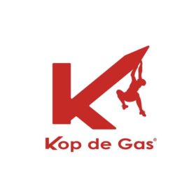 Logo von Kop de Gas in Rot. Ein K mit einem Kletterer und der Wortmarke darunter.