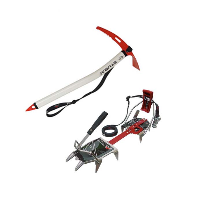 Das Bild zeigt zwei Basis Produkte einer Bergsteiger Ausrüstung. Ein Paar Steigeisen und einen Eispickel.