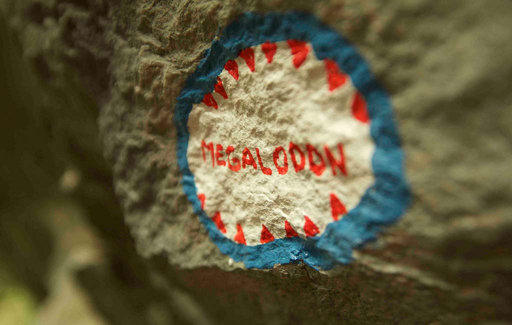 Das Bild zeigt eine BEschriftung einer Kletterroute mit dem Namen "Megalodon". In einem blauen Kreis steht der Name, umgeben von roten Haifischzähnen um den Namen zu unterstreichen.