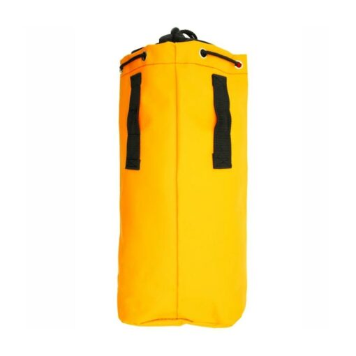Das Bild zeigt die Kong Tool Bag Materialtasche von hinten. Die orange Materialtasche steht aufrecht in Bildmitte. Man erkennt ihre Dimensionen sowie die beiden Aufhängeschlaufen.