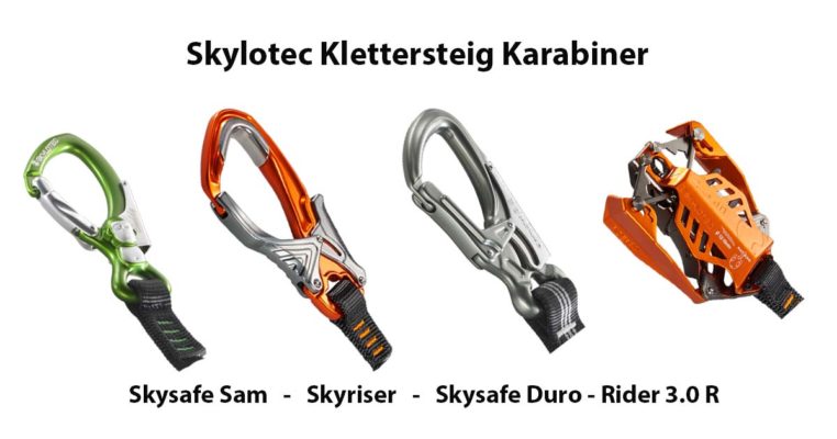 Das Bild zeigt vier unterschiedliche Skylotec Klettersteigkarabiner.