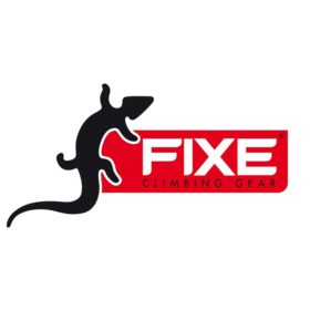 Das Bild zeigt das Logo des spanischen BErgsport Herstellers Fixe Climbing. Ein schwarzer Salamander links und der Fixe Schriftzug in einem roten Feld mit weißer Schrioft daneben.