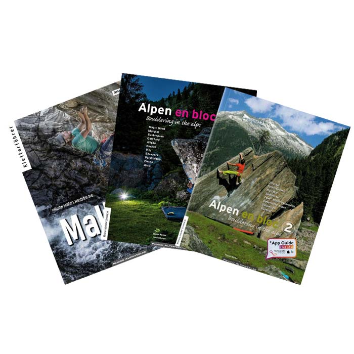 Das Bild zeigt drei Bücher zum Thema Boulderführer die in keiner Boulderausrüstung fehlen sollten. Zu sehen sind die Guidebooks vom Maltatal, Alpen en Bloc Eins und Zwei.