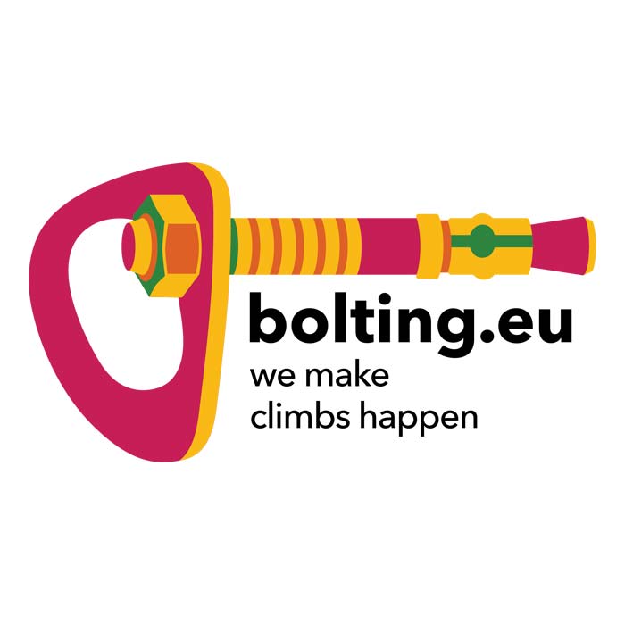 Das Bild zeigt das Logo von bolting.eu. Einen bunten Bohrhaken mit einer Bohrhakenlasche. Rechts darunter der Claim "we make climbs happen".