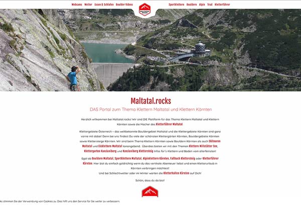 Das Bild zeigt die Startseite von Maltatal.rocks als BEispiel für adäquate Content Gestaltung im Tourismusmarketing für das Thema Klettern. Zu sehen ist die Startseite mit einem Slider, Text und dem Logo der Website.