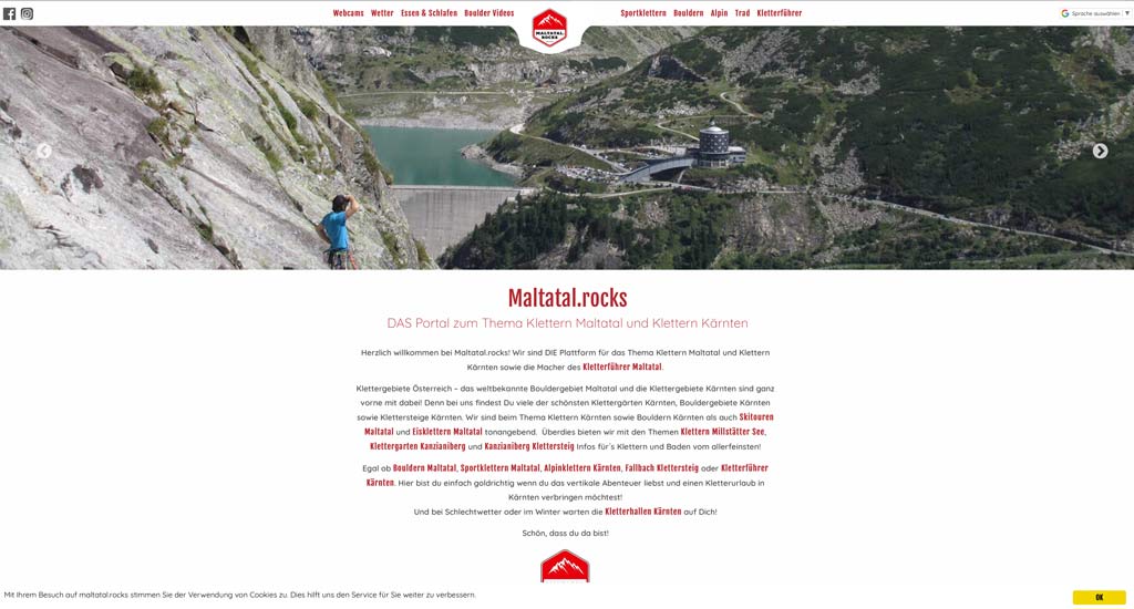 Das Bild zeigt die Ausrichtung der Startseite von Maltatal.rocks nach der Suchmaschinenoptimierung. MAn sieht die Webste mit einem Slider und den Menüpunkten in rot ganz oben.