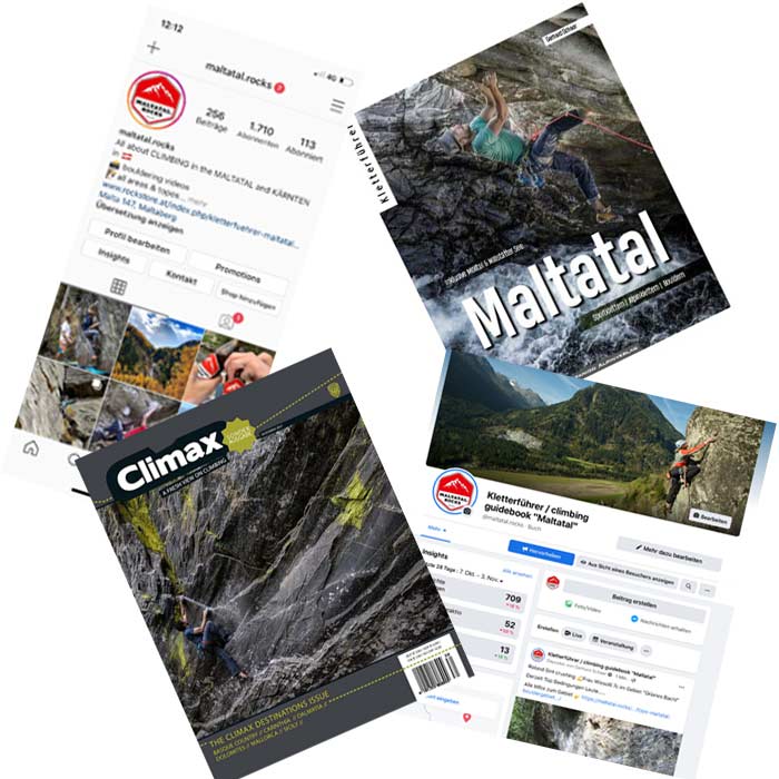Das Bild zeigt vier Beispiele an MAßnahmen für Tourismus Marketing. Links oben ein Screenhot von Instagram, ein Kletterführer rechts oben, eine FAvebook Seite rechts unten und ein Klettermagazin links unten.