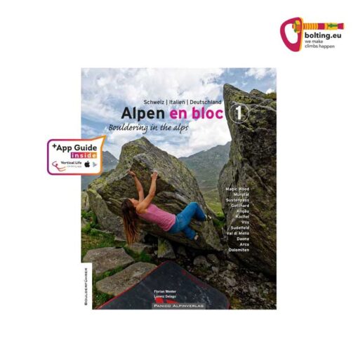 Cover des Alpen en Bloc 1 Boulderführers mit Bouldererin an kleinem Block.