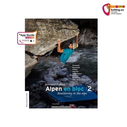 Cover des Alpen en bloc 2 Boulderführers für Österreich und Südtirol mit Boulderer in blauem Shirt an einem Fluss.