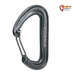 Grauer Camp Nano 22 Karabiner mit Drahtschnapper nach rechts und buntes bolting.eu Logo.