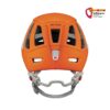 Oranger Petzl Kletterhelm von der Rückseite mit Bändern.