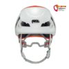 Orange weißer Petzl Meteor Kletterhelm von der Rückseite mit Kopfband und Kinnriemen.