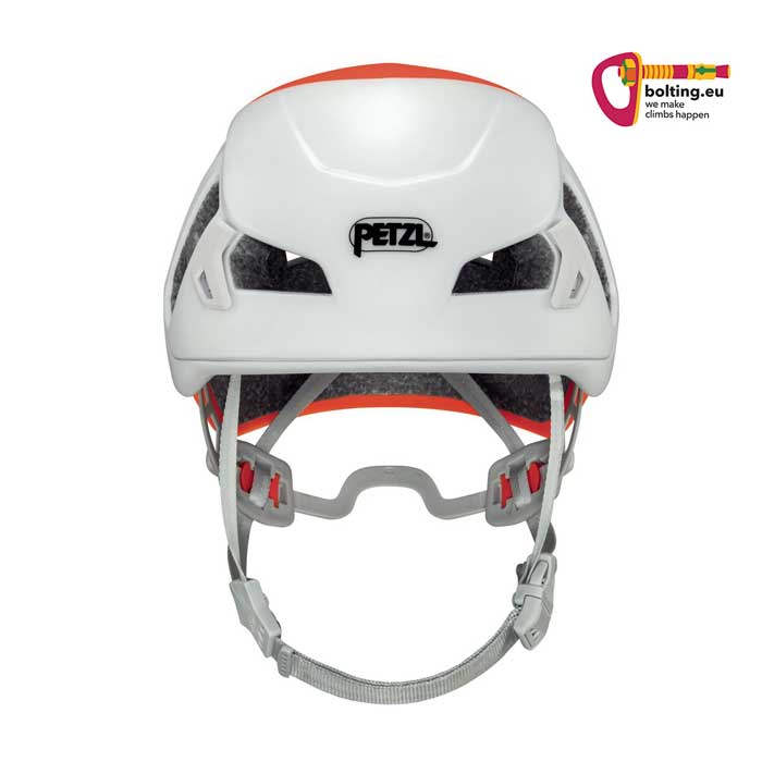 Orange weißer Petzl Meteor Kletterhelm von der Rückseite mit Kopfband und Kinnriemen.