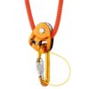 Das Bild zeigt einen goldgelben Petzl SMD Screw Lock Karabiner der in einer Mini Traxion Rolle an einem rotem Seil hängt.