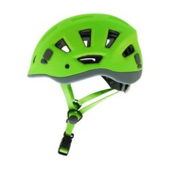Das Bild zeigt einen grünen Kong Leef Kletterhelm von der Seite. Man erkennt alle Produktdetails wie Kinnriemen, Verstellmechanismus und die Helm Außenschale.