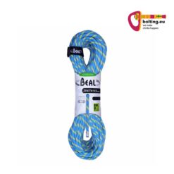 Seilpuppe aus einem blauem Beal Zenith Kletterseil mit Verpackungsschild und buntes bolting.eu Logo.