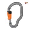 Silbern oranger Petzl Vertigo Wire Kock Klettersteigkarabiner mit geschlossenem Schnapper.