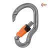 Silbern oranger Petzl Vertigo Wire Kock Klettersteigkarabiner mit geöffnetem Schnapper.