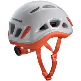 Das Bild zeigt den weiß orangen Black Diamond Kid´s Tracer Kinderkletterhelm von hinten seitlich. Man sieht den Helm und alle seine Features.