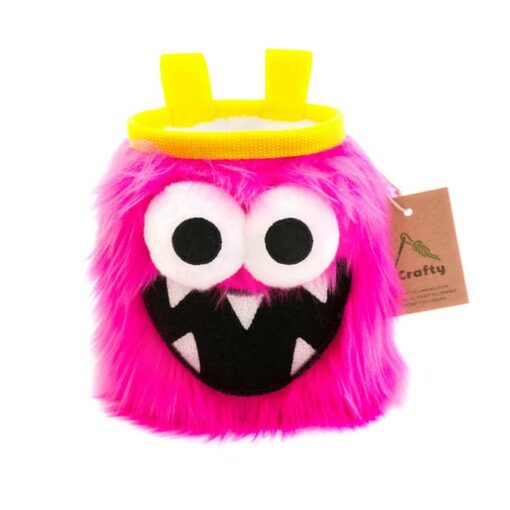Das Bild zeigt eine pinkes Five Toothed Monster Chalk Bag mit großen Augen und aufgerissenem Mund mit fünf Zähnen.