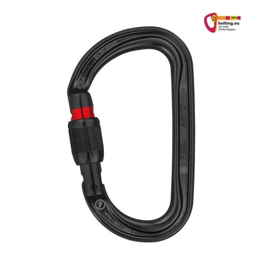 Schwarzer Petzl AMD Karabiner schwarz mit Screw Lock Verschluss und roter Sicherheitsmarkierung.