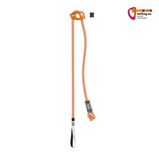 Orange Petzl Connect Adjust Selbstsicherungsschlinge vertikal auf weißem Hintergrund.