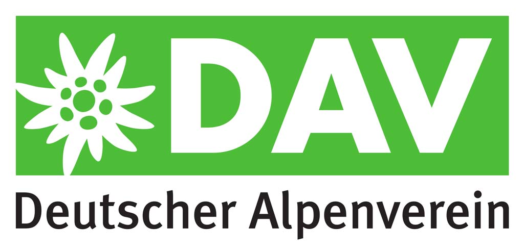Das Bild zeigt das Logo des deutschen Alpenverein. Ein Schriftzug bzw. Edelweiss auf hellgrünem Grund und schwarzem Schriftzug.