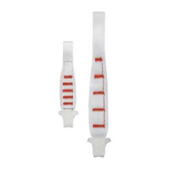Das Bild zeigt die weiße Petzl Finessse Expressschlinge in 10cm und 17cm nebeneinander. Man sieht die Bänder, deren rote Nähte und den String Karabinerschutz.