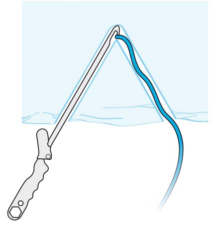 Das Bild zeigt eine Zeichnung für eine Abalakov Eissanduhr. Einen HAken, der eine Reepschnur aus dem hinteren Bereich der Eissanduhr "fischt".