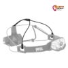 Petzl Nao RL Stirnlampe als Wasserzeichen mit Kopf Fixierband schwarz hervorgehoben.