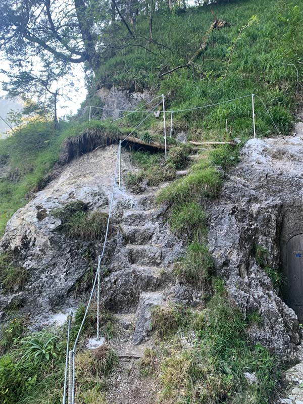 Das Bild zeigt Geländerstangen mit Drahtseilversicherungen in einem steilen Wanderwegabschnitt mit felsigen Trittstufen.