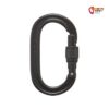 Schwarzer Black Diamond Oval Keylock Screwgate Karabiner mit schnapper und schwarzem Drehverschluss aufrecht in einem weißem Quadrat.