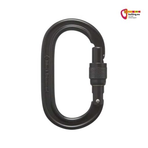 Schwarzer Black Diamond Oval Keylock Screwgate Karabiner mit schnapper und schwarzem Drehverschluss aufrecht in einem weißem Quadrat.