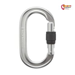 Silberner Black Diamond Oval Keylock Screwgate Karabiner mit schnapper und schwarzem Drehverschluss aufrecht in einem weißem Quadrat.