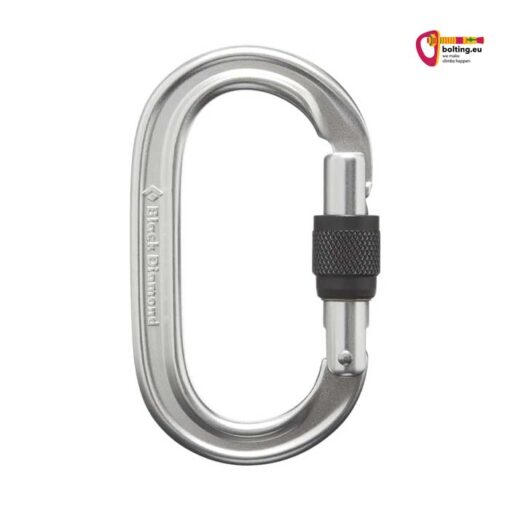 Silberner Black Diamond Oval Keylock Screwgate Karabiner mit schnapper und schwarzem Drehverschluss aufrecht in einem weißem Quadrat.