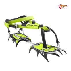 Schwarz grünes Edelrid Shark Soft 12 Zack Steigeisen mit Riemenbindung schräg von vorne