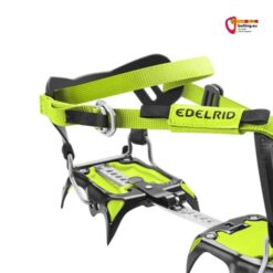 Fersenteil des schwarz grünen Edelrid Shark Soft 12 Zack Steigeisen mit Frontzacken und Riemenbindung.