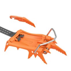 Petzl Frontzacken Lynx auf einem orangen Steigeisen bzw. separat daneben.