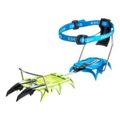 Gelbe und blaue Edelrid Anti Beast Lite Antistollplatten auf gleichfärbigem Steigeisen montiert.