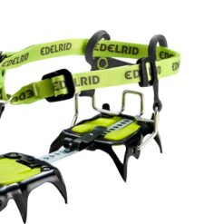 Edelrid Crampon Binding Soft Back auf grell grünem Steigeisen montiert.