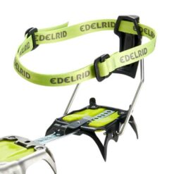 Grell grüner Edelrid Steigeisen Ersatzriemen Strap Auto auf Modell Shark montiert.