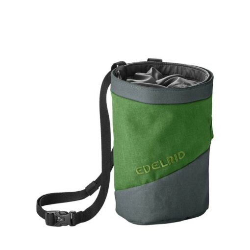 Grünes Edelrid Splitter Twist Chalkbag aufrecht mit Hüftband.