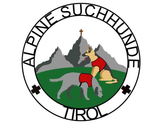 Logo der alpinen Suchhunde Tirol mit Bergkulisse, Schriftzug und zwei Hunden.